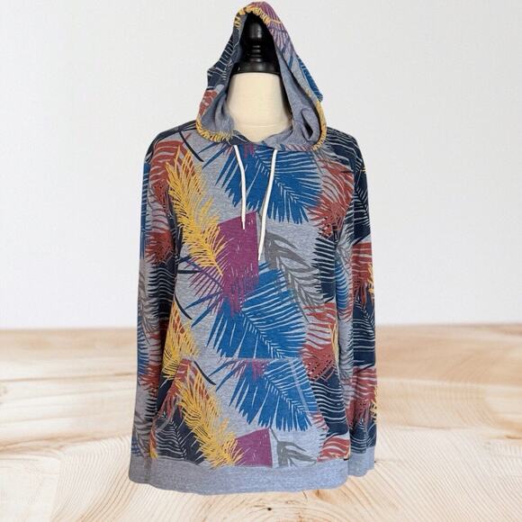 On The Byas Hoodie Sweatshirt Size L Unisex Gray Floral Hawaiian Leaves Pocket - Picture 1 of 8